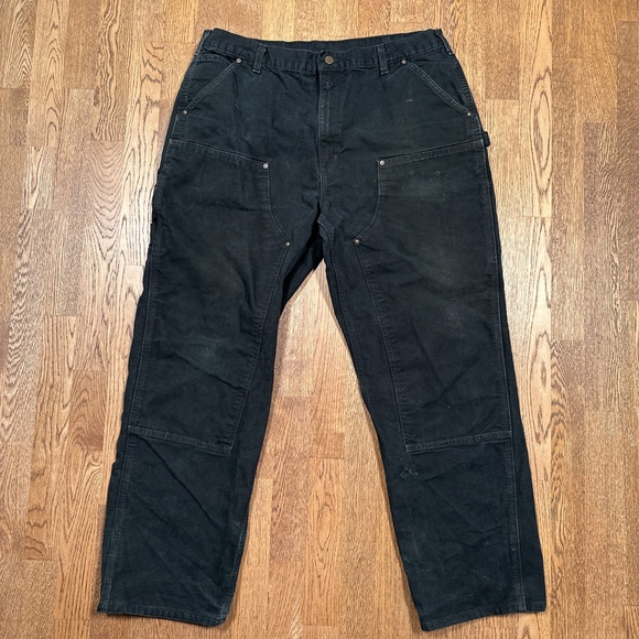 Carhartt Distressed Double Knee Loose Fit Washed Duck Canvas Black Pants Mens 40 - Picture 1 of 12